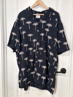 Mutual Weave Navy Blue White Palm Tree Camp Shirt Men's Big & Tall 3XLT